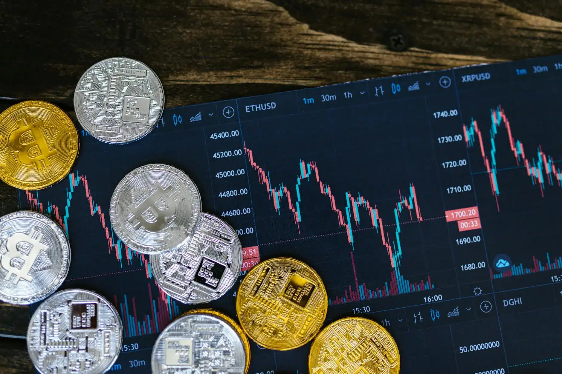 Bitcoin coins on a stock chart showing price fluctuations.
