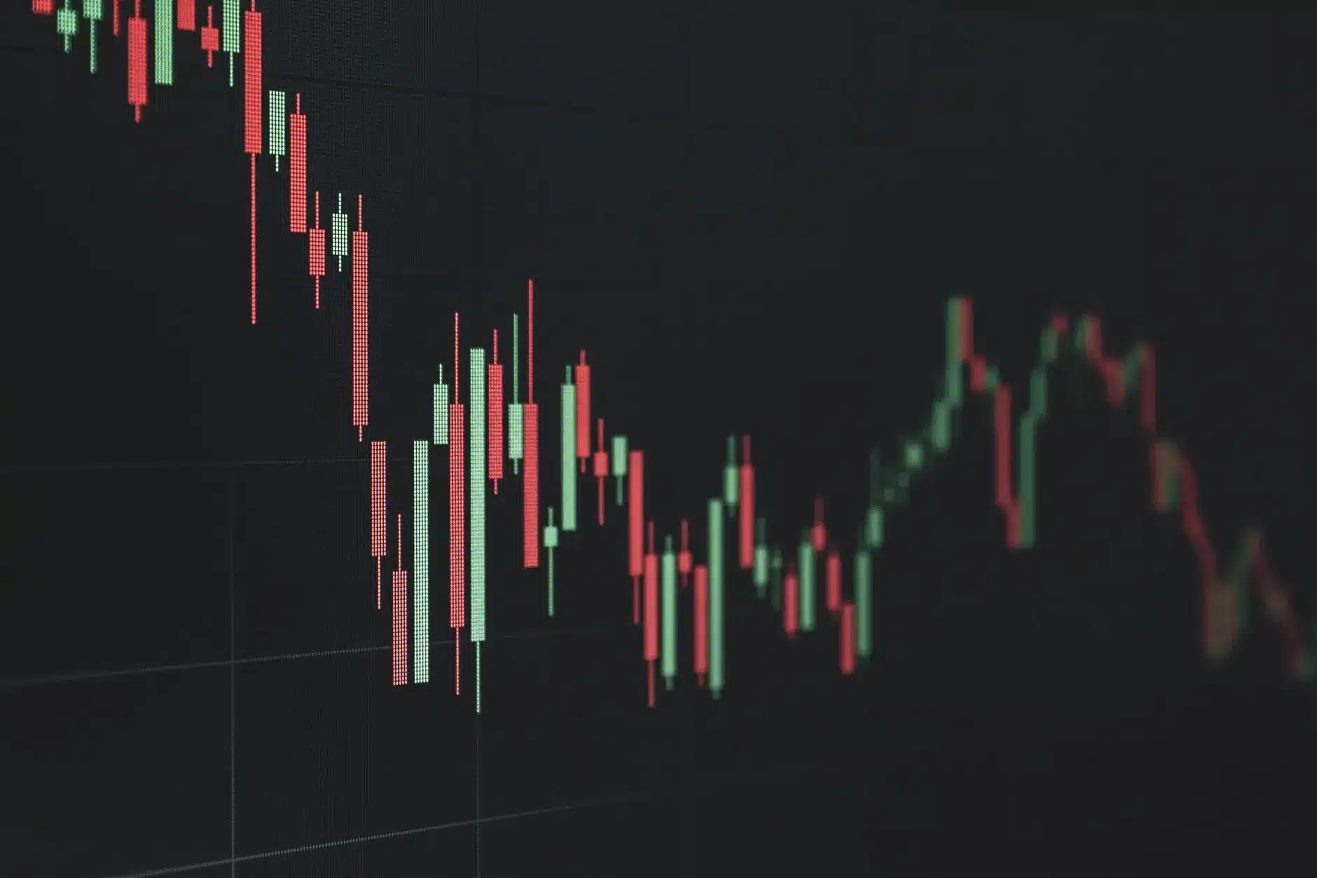 Technical candlestick chart showing fluctuating prices with red and green bars.
