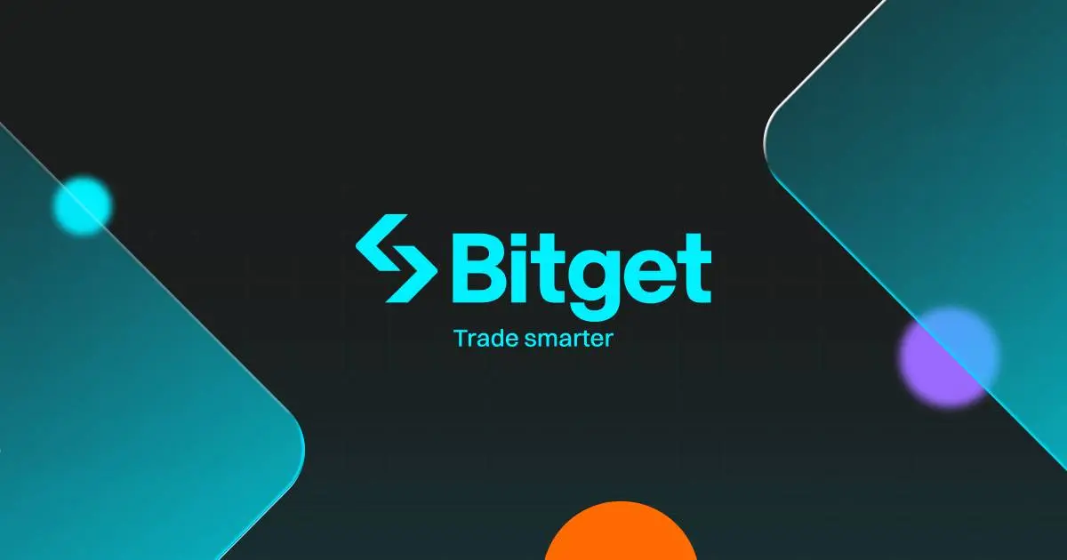 Das Logo der Kryptowährungsbörse Bitget mit dem Slogan „Trade smarter“ auf dunklem Hintergrund.