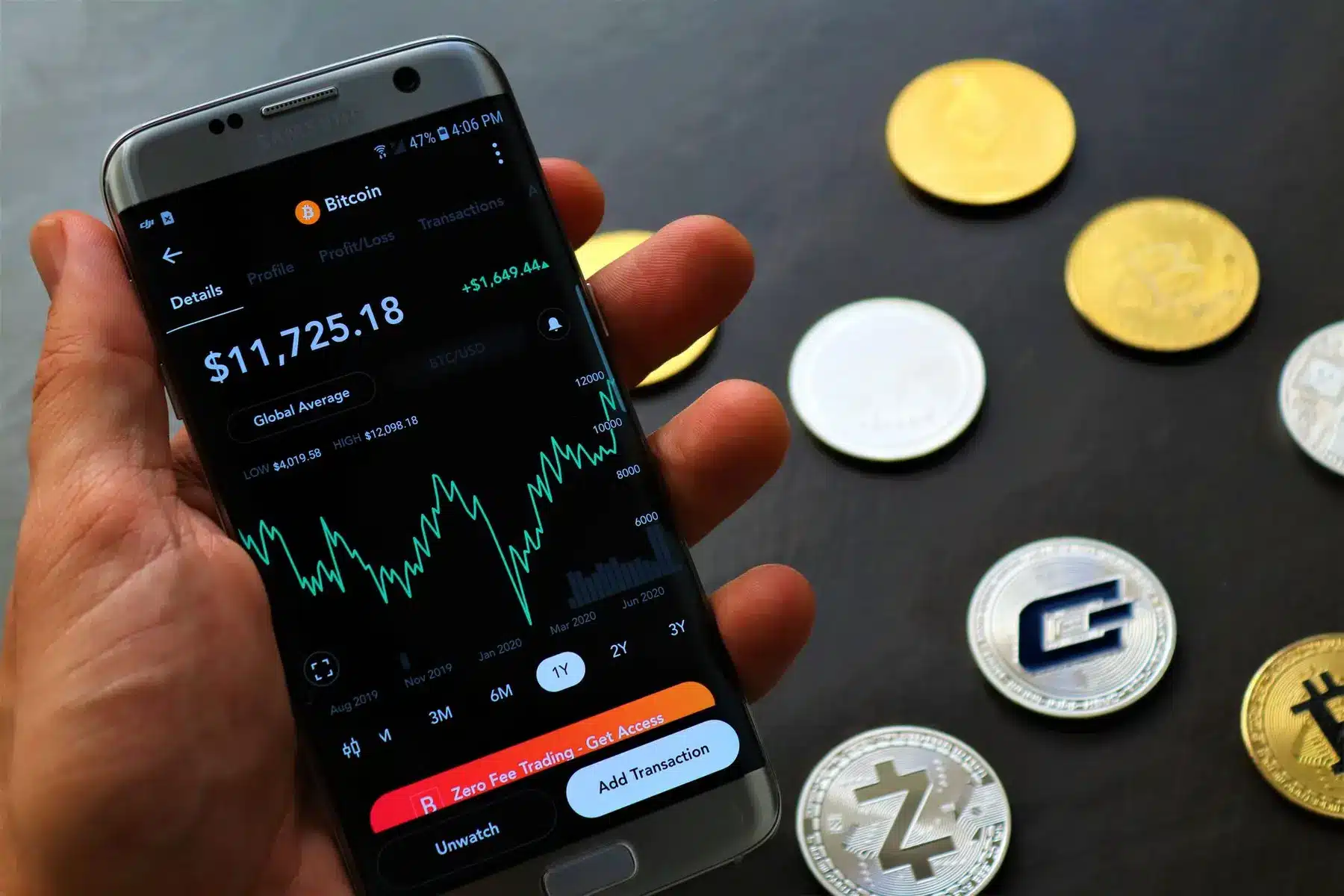 Hand holding a smartphone displaying a Bitcoin price chart and trading app next to physical crypto coins
