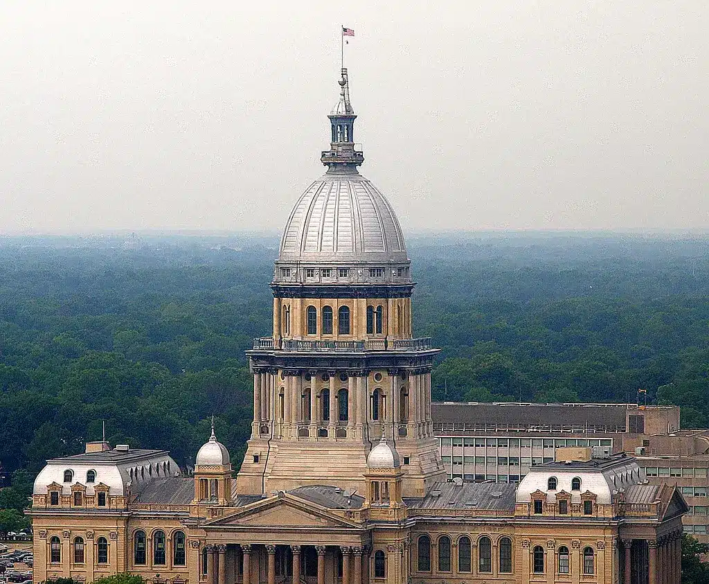 Das Illinois State Capitol Gebäude mit seiner großen silbernen Kuppel vor einem bewaldeten Hintergrund.