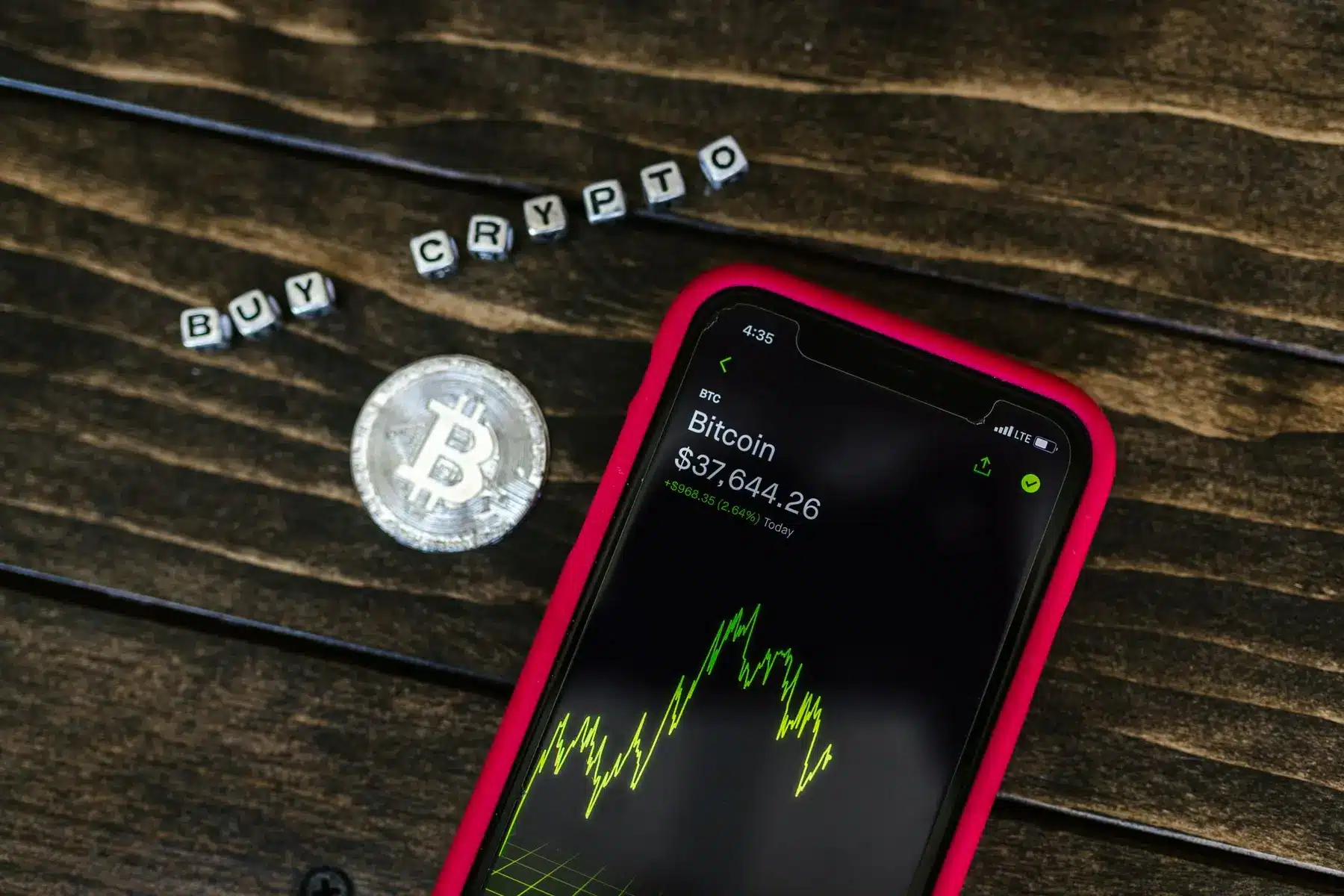 A smartphone displaying a Bitcoin price chart next to a physical Bitcoin coin and blocks spelling BUY CRYPTO