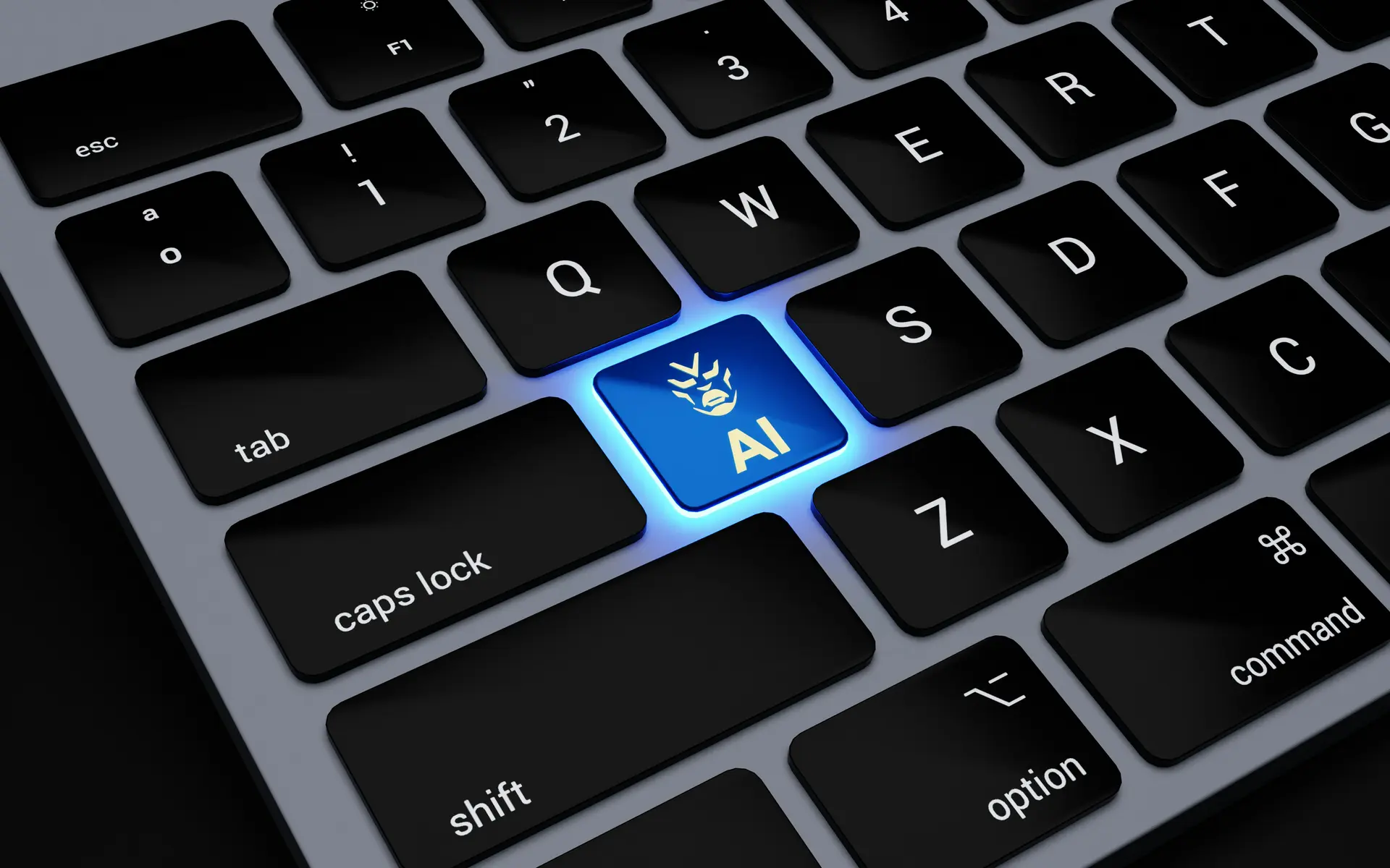 Eine Computer-Tastatur mit einer leuchtend blauen Taste, die mit der Aufschrift „AI“ und einem Kopf-Symbol versehen ist.