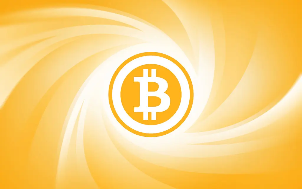 Das Bitcoin-Logo in einem orangefarbenen, wirbelnden Hintergrund.