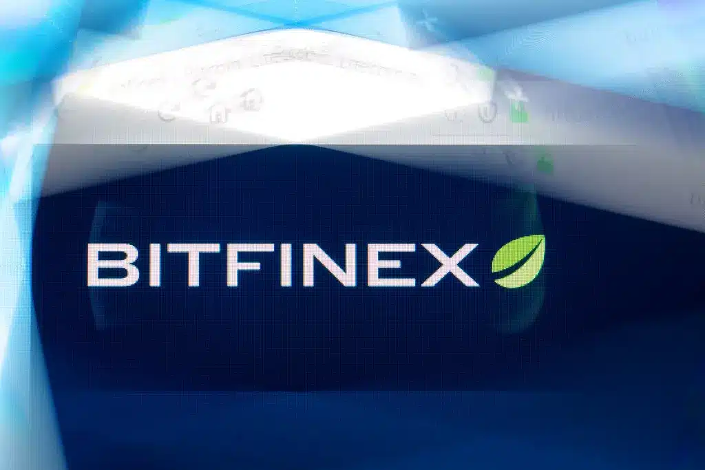 Das Logo der Kryptowährungsbörse Bitfinex auf einem Computerbildschirm.