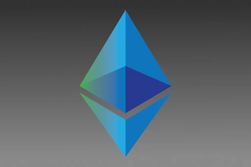 Das blau-grüne Ethereum-Logo vor einem grauen Hintergrund.