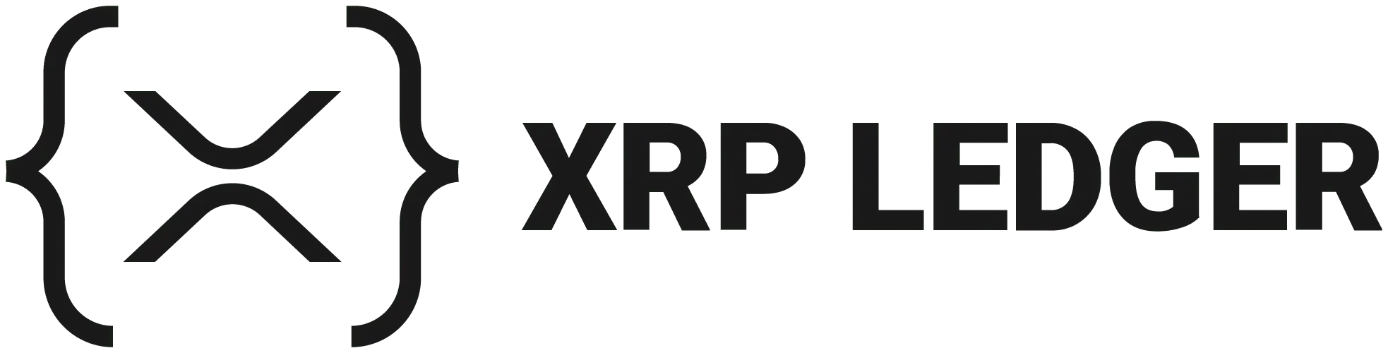 Das offizielle Logo des XRP Ledger mit einem X-Symbol in geschweiften Klammern und dem Schriftzug XRP Ledger.