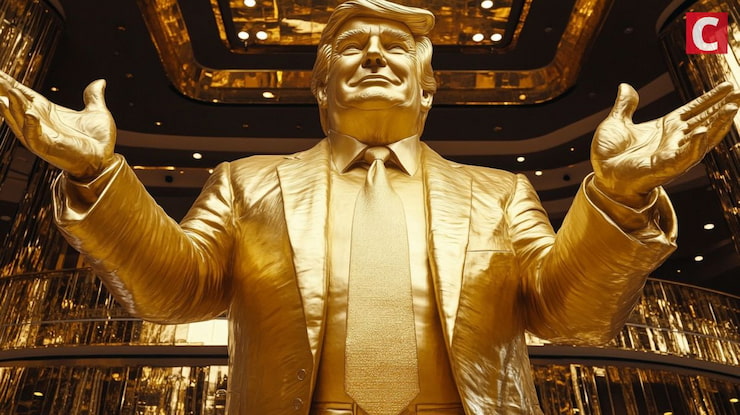 Estatua dorada de Trump con Bitcoin aparece en Washington DC