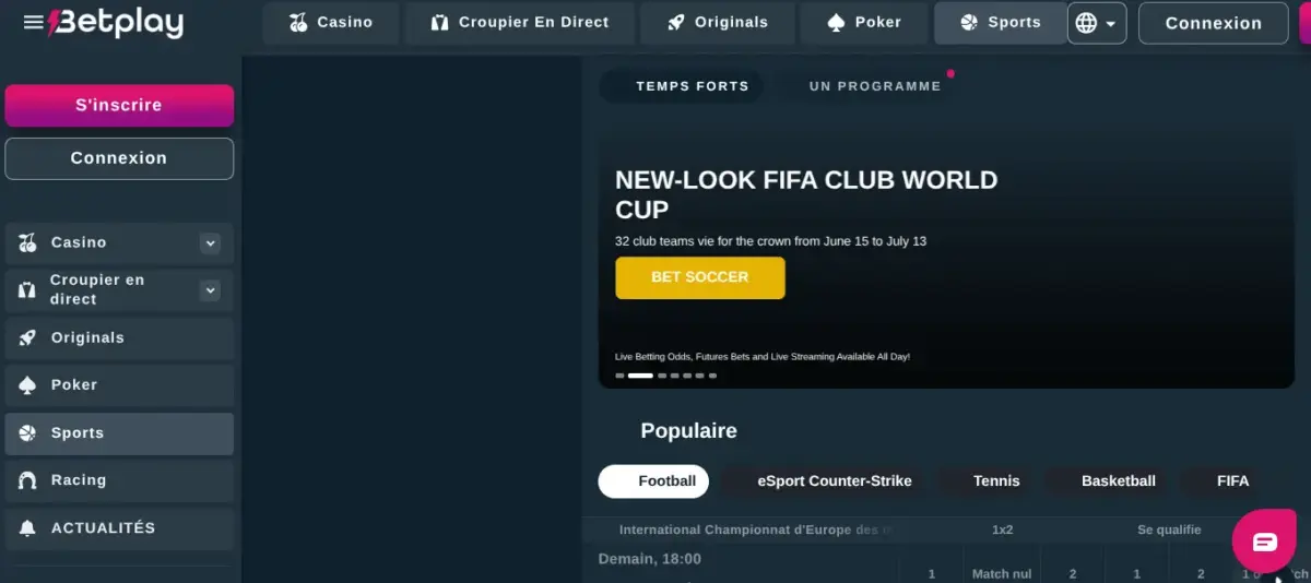 Site de paris sportif cryptomonnaie Betplay homepage