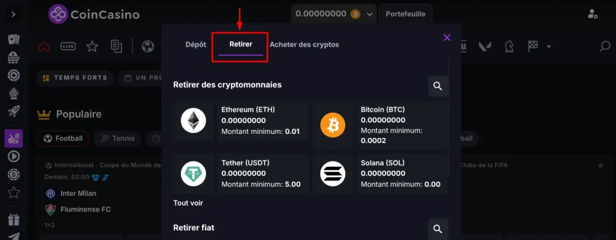 CoinCasino retrait crypto paris sportif