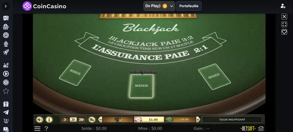 Single Deck Blackjack table game