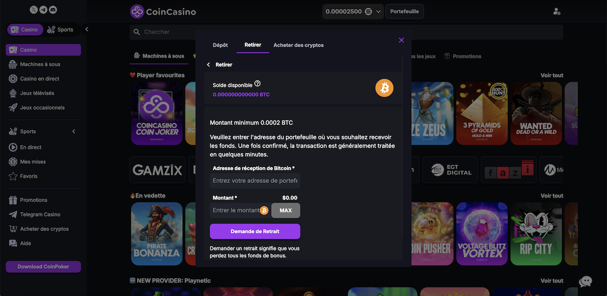 retirer des gains casino en bitcoin