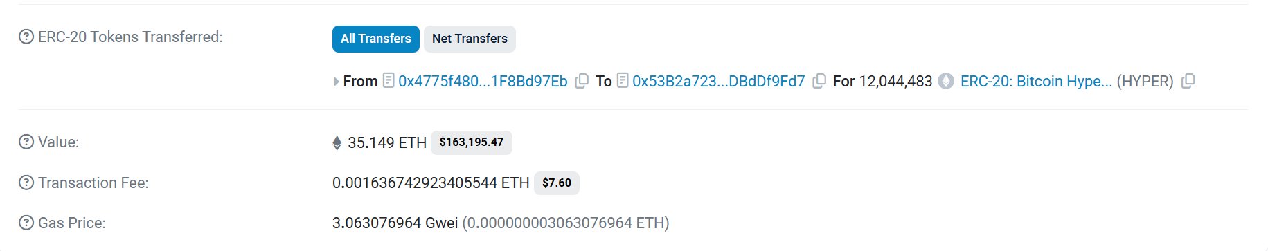 Une baleine achète pour 35 ETH du Bitcoin Hyper