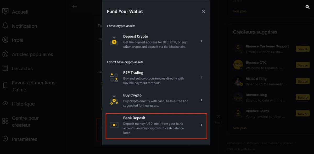 Dépôt sur Binance