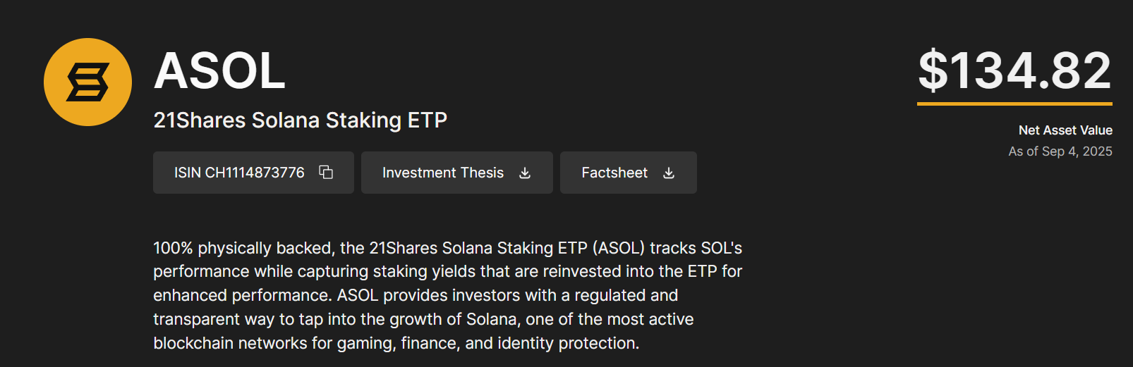 SOL staking ETP 134,82 $