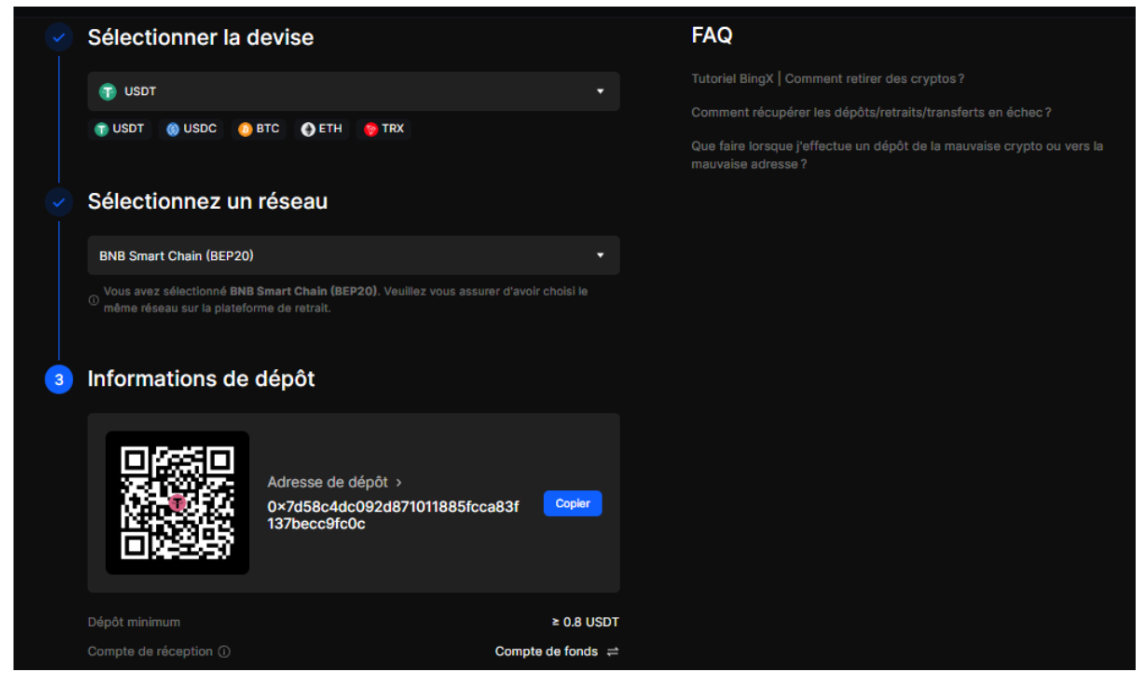 faire un dépôt sur BingX