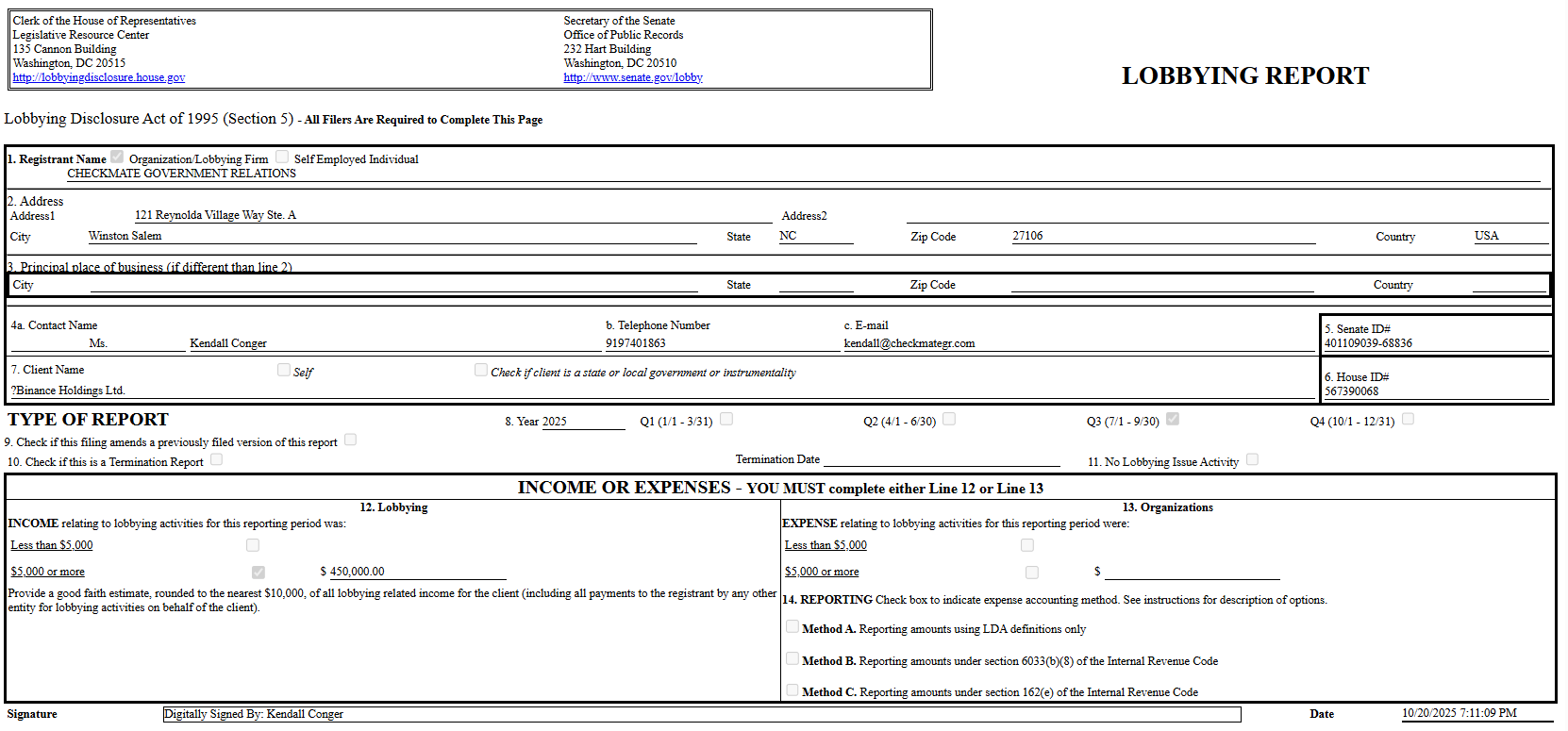 rapport lobbying Binance