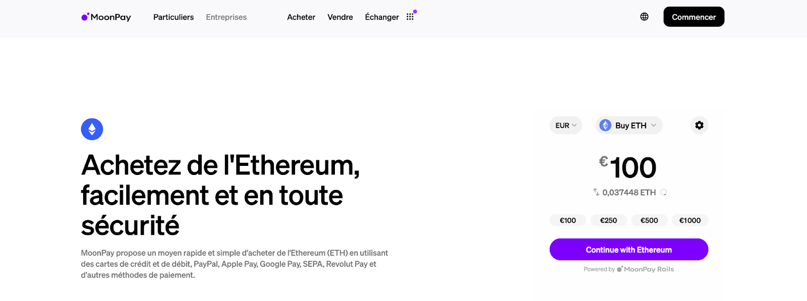 Acheter l’ETH sur Moonpay