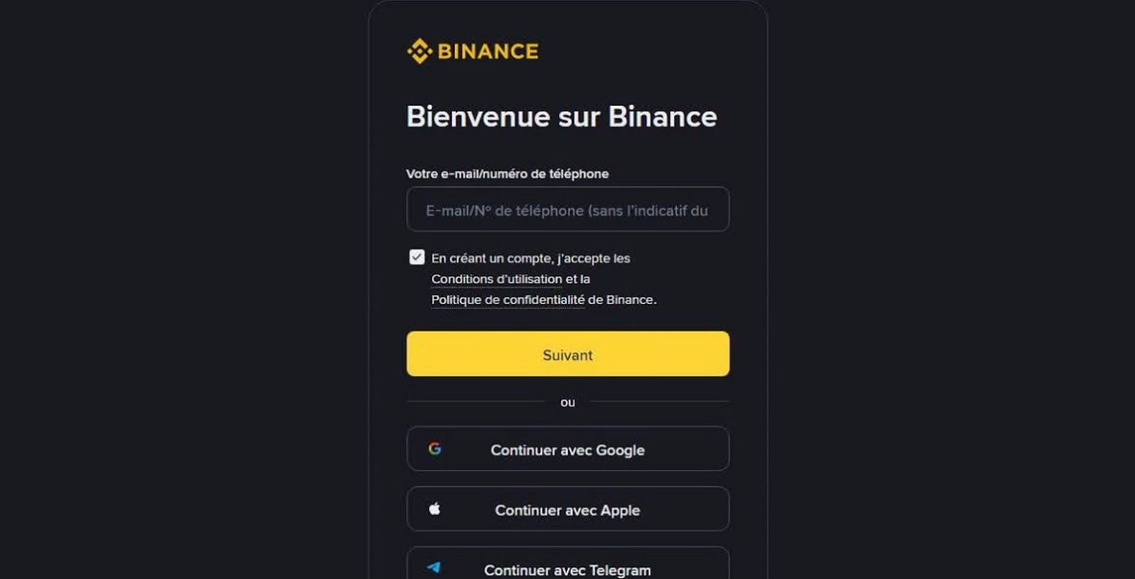 Créer un compte Binance