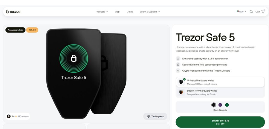 Trezor Safe è un portafoglio di criptovalute tascabile, con un display touchscreen da 1,54”