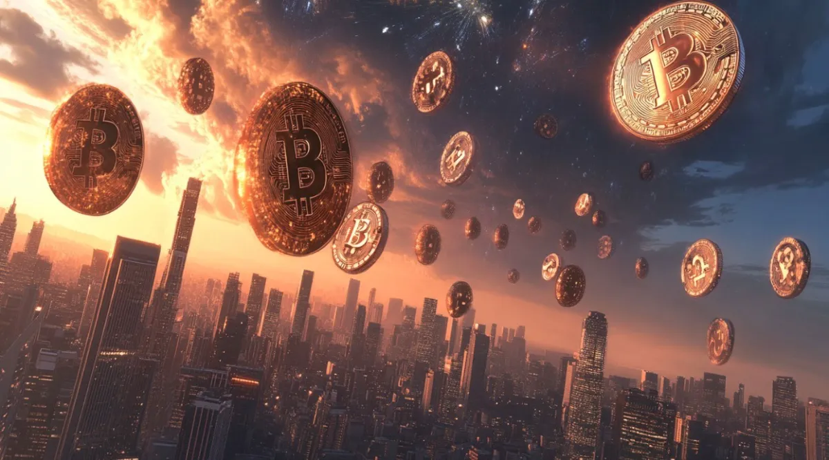 都市上空に浮遊する無数のビットコイン