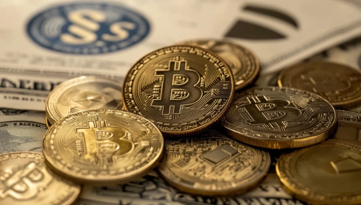 ニュースペーパーの上に散らばったビットコイン