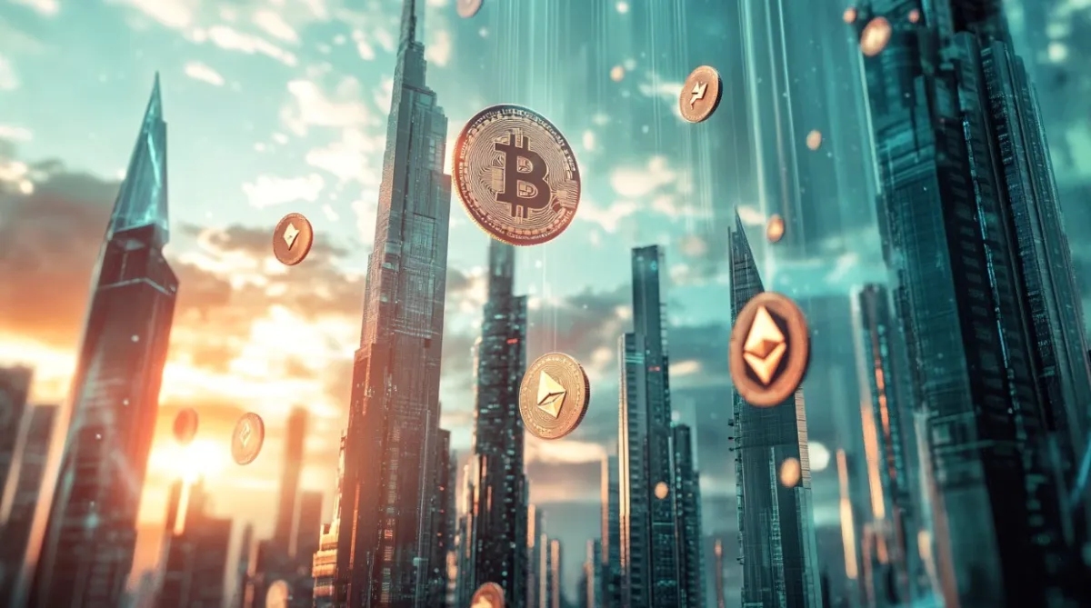 近未来の高層ビル群上空に出現したビットコインやイーサリアム