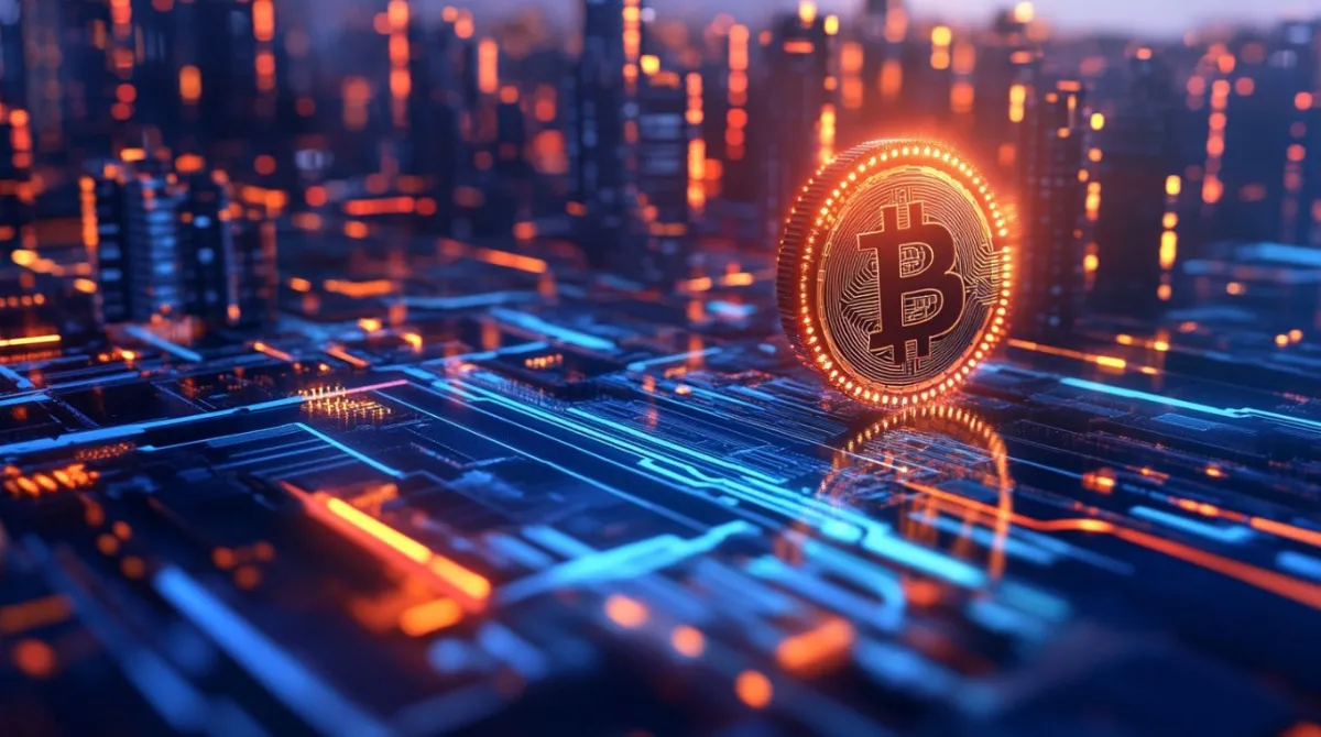 電子基盤上に浮上したビットコインのイメージ