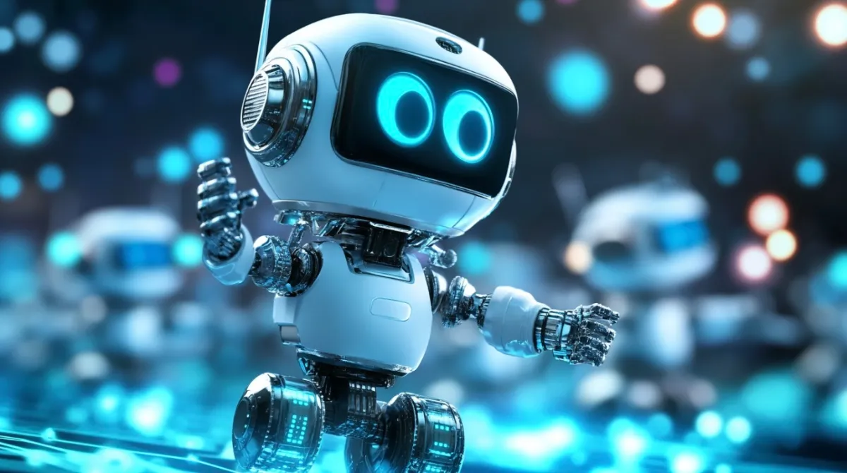 何かを訴えようと両手を広げるミニAIロボット