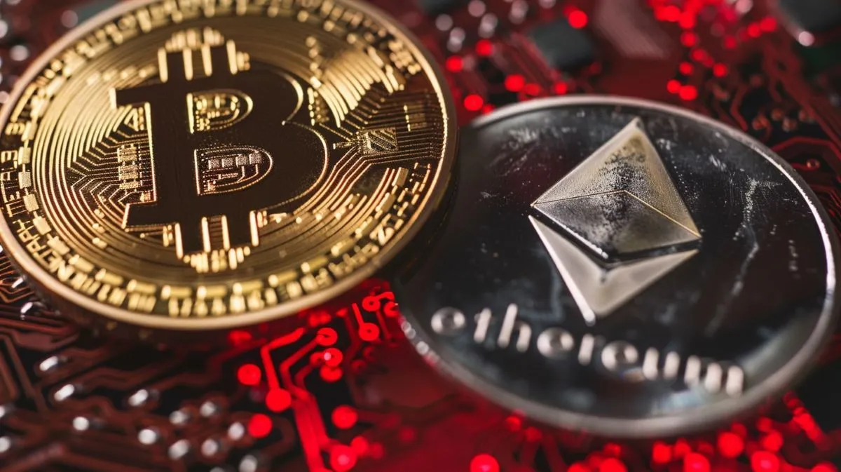 金色のBTCと銀色のETHが並ぶ