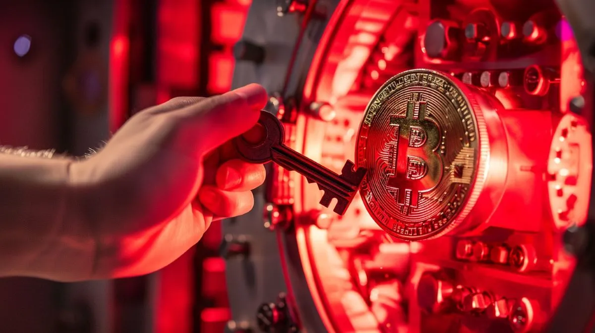 ビットコインが象られた保管庫を鍵で開けようとする