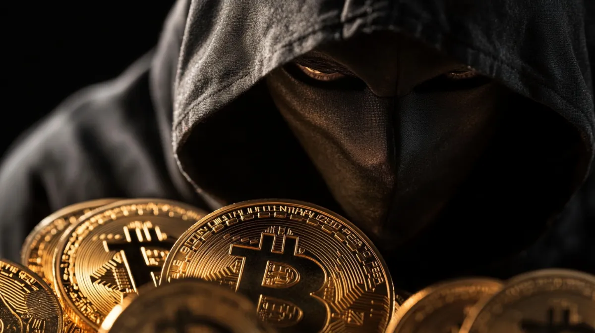 フードを被りマスクをつけた怪しい人とビットコイン