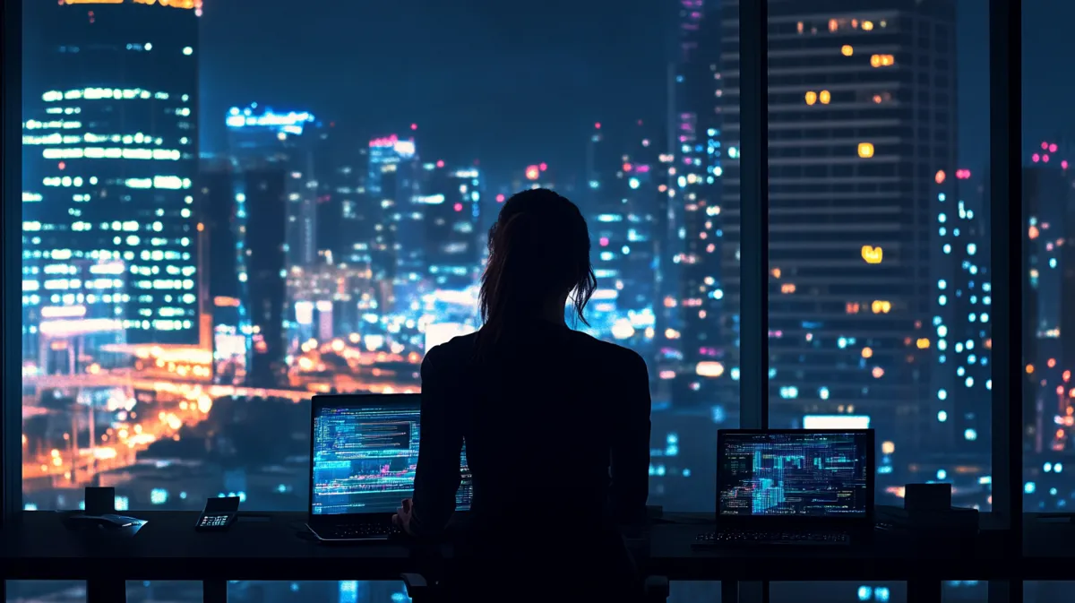 高層ビル群の夜景が見えるオフィスで仮想通貨取引する女性の後ろ姿