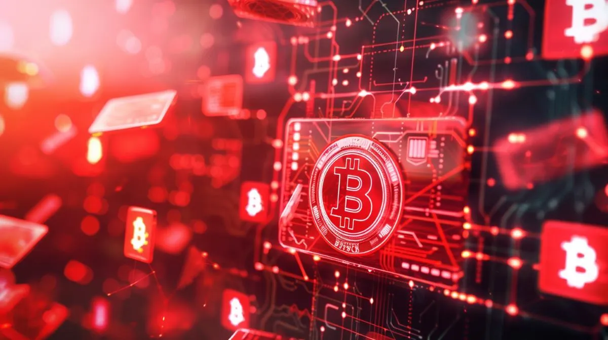 赤いデジタルウォレット上に表示されるビットコイン