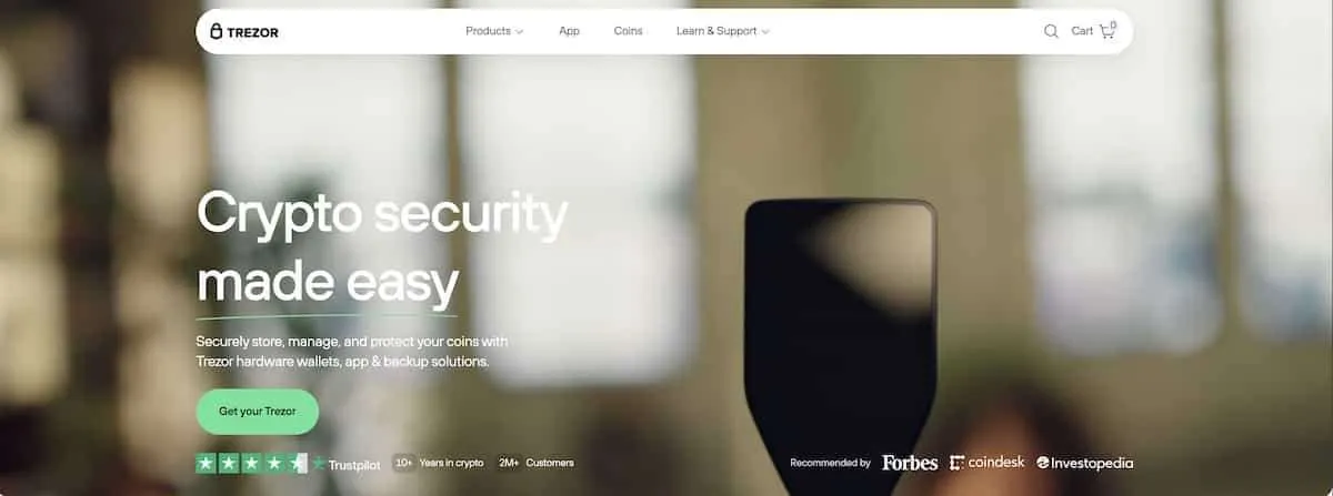 TrezorのPC公式サイトファーストビュー