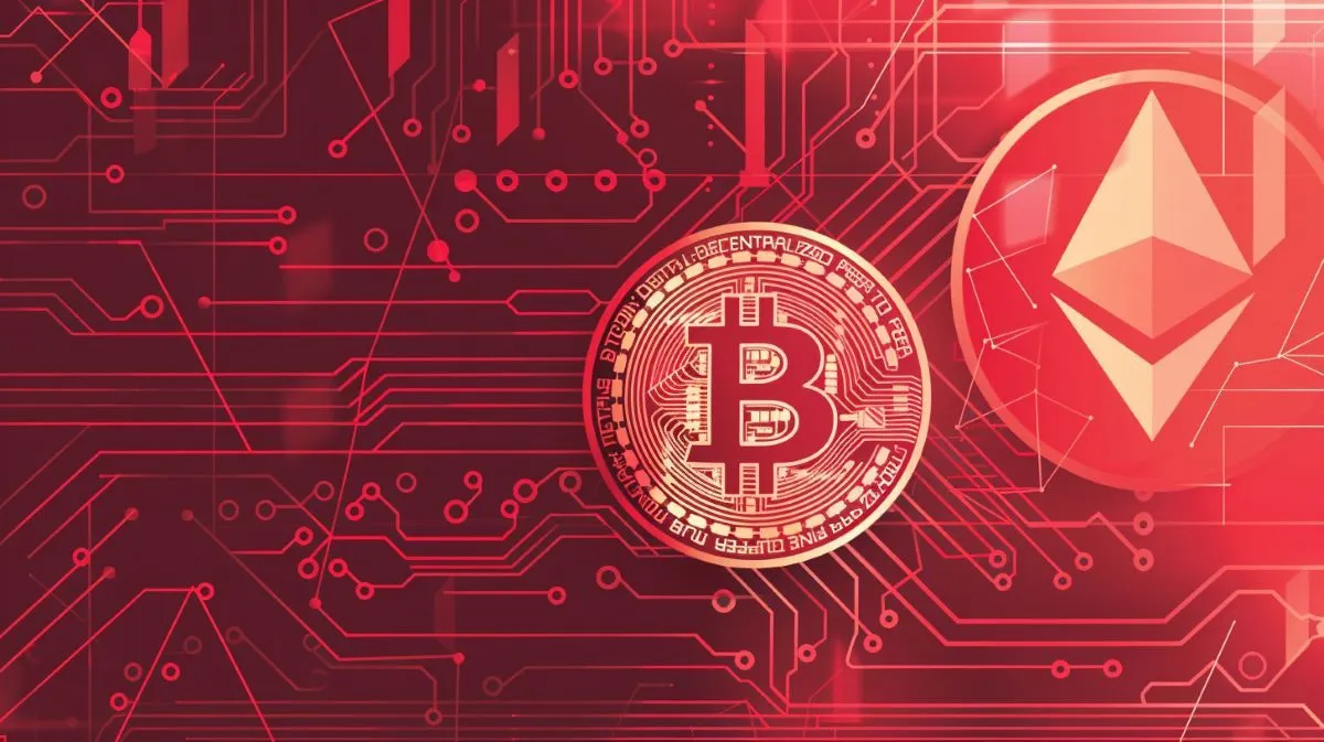 赤いインターフェース上に表示されるBTCとETH