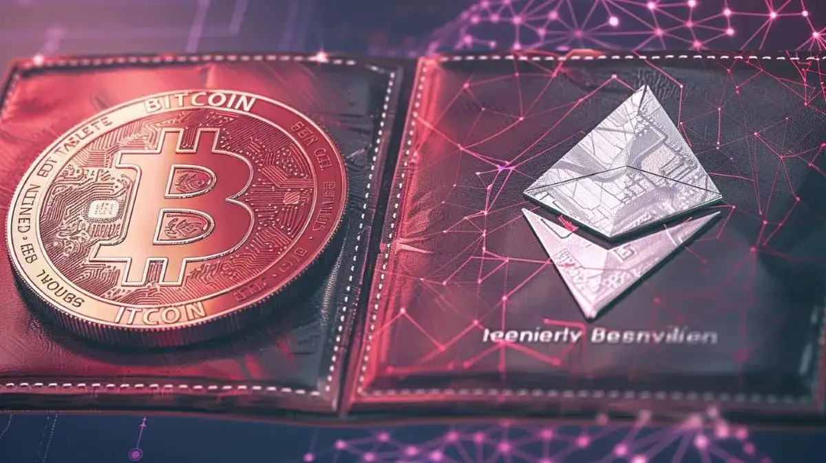 革製の財布に張り付けられたビットコインとイーサリアムロゴ