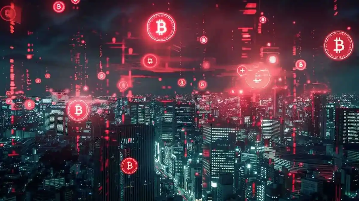 ビルの間に仮想通貨が浮いている