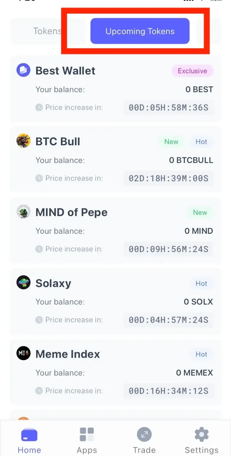 best walletのupcoming tokensのタブ
