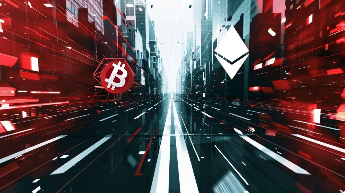 高速道路上に浮かぶBTCとETHのロゴ
