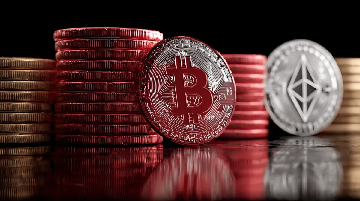 赤色のビットコインと銀色のイーサ