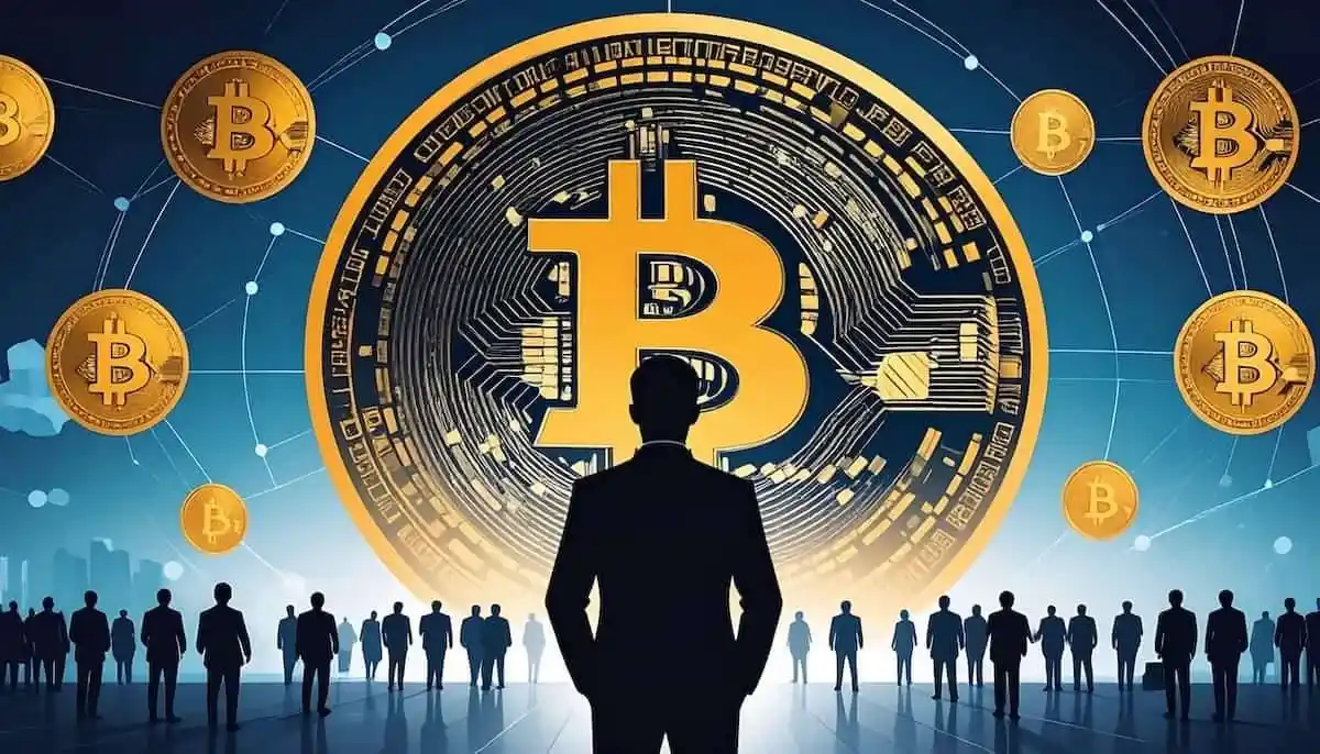 ビットコインの前にたくさんの人々が立っている