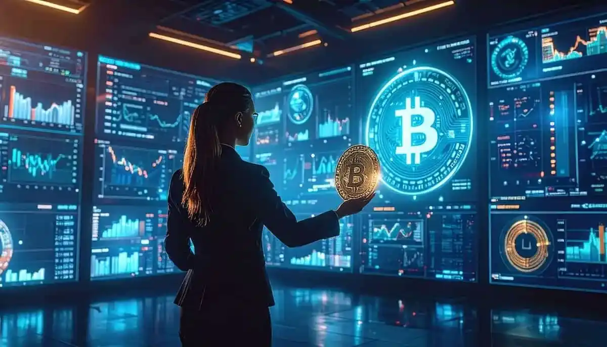 仮想通貨にタッチしている女性
