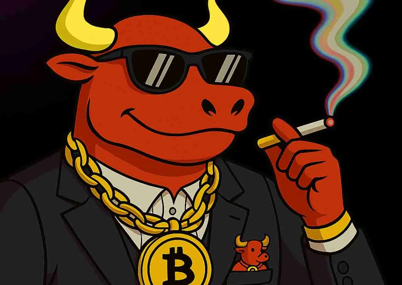 暗闇でタバコを吸うスーツを着たBTCBULLのミーム