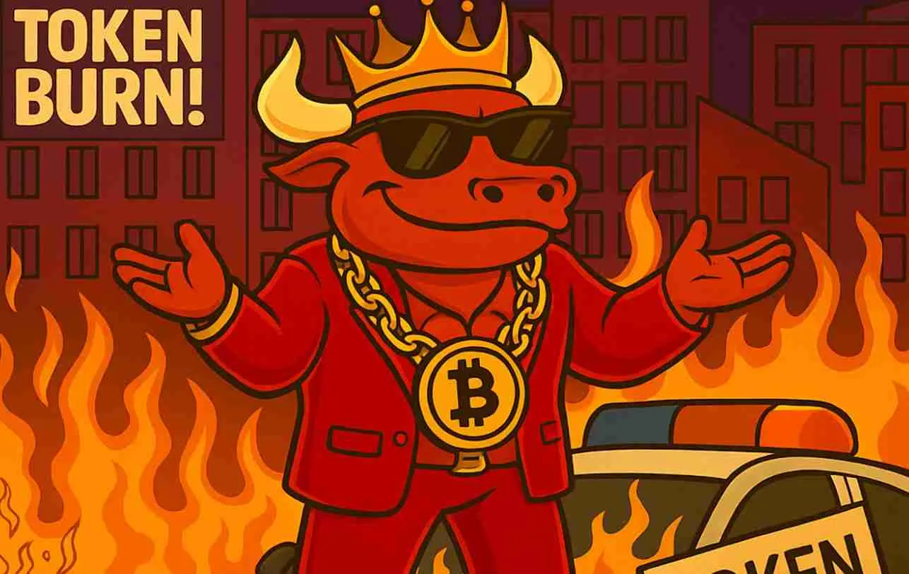 BTCBULLのミームがトークンバーンが完了したことを炎の中で伝える様子