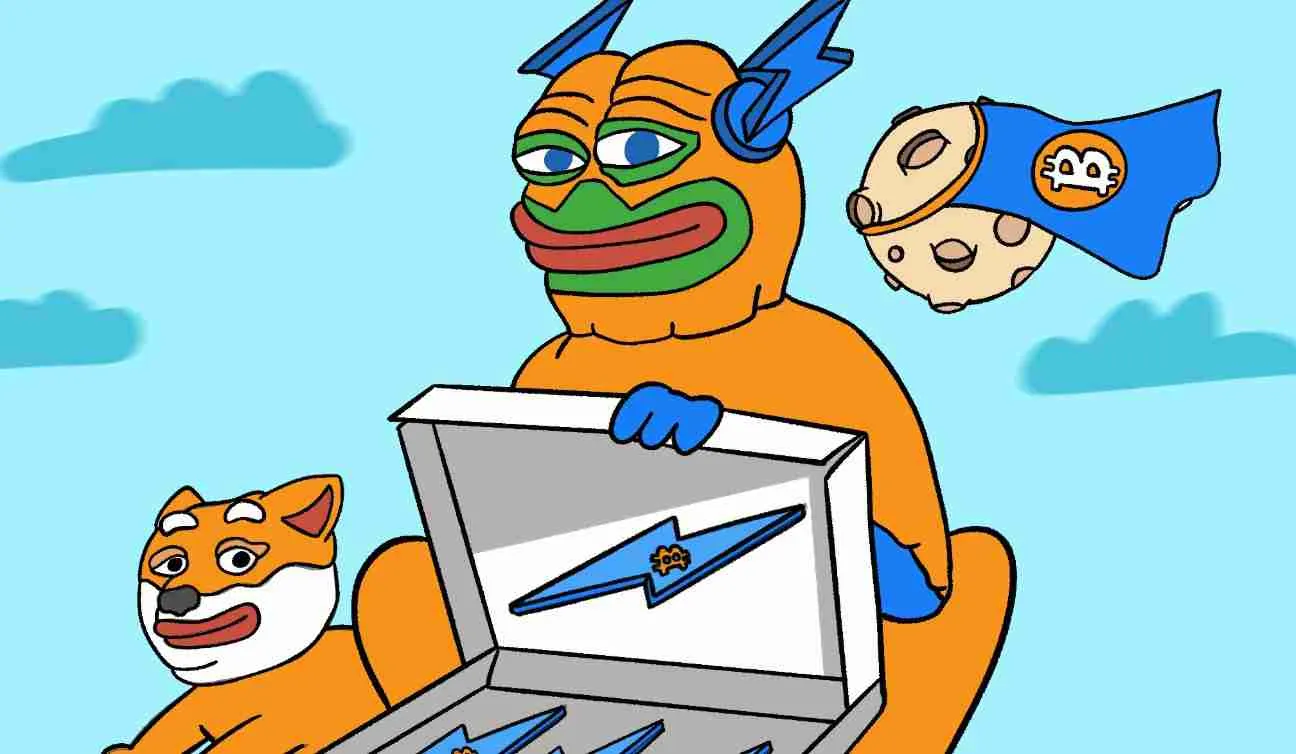 Bitcoin Hyperのミームと柴犬ミームがボックスに入ったビットコインのロゴを持ってポーズを取っている