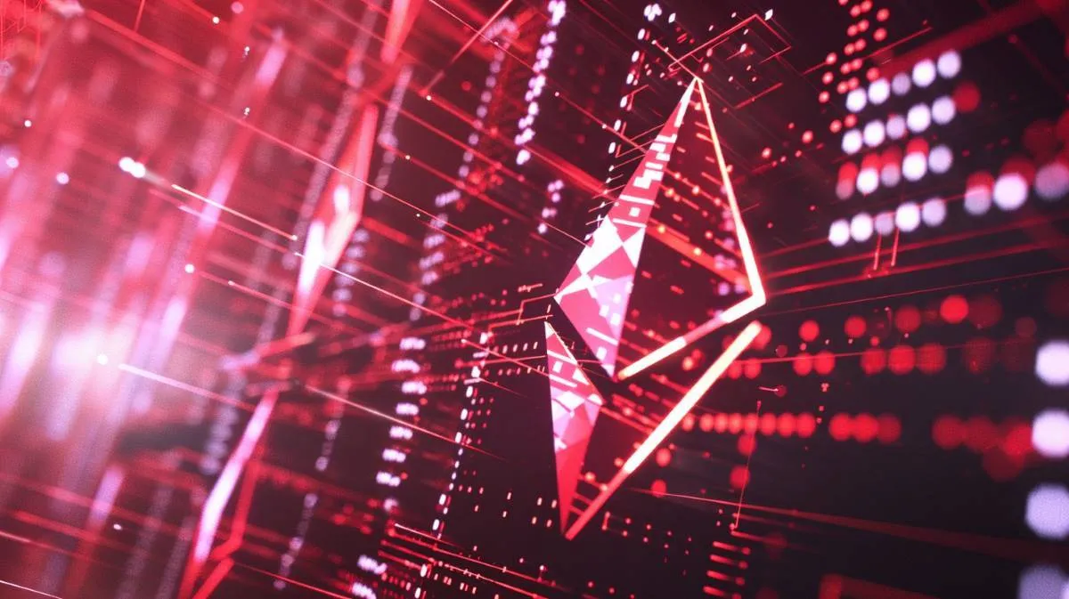 デジタルなブロックチェーン・マトリックスから浮かび上がるイーサリアムのロゴのクローズアップ