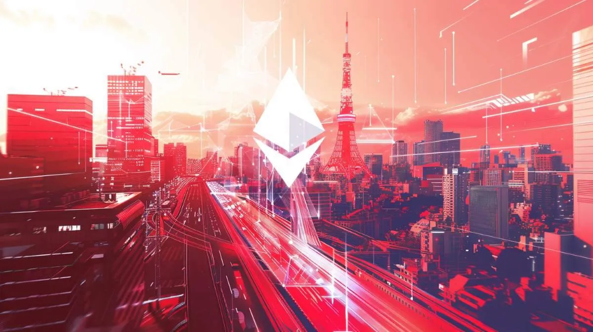 ETHロゴが東京都心に浮かぶ様子