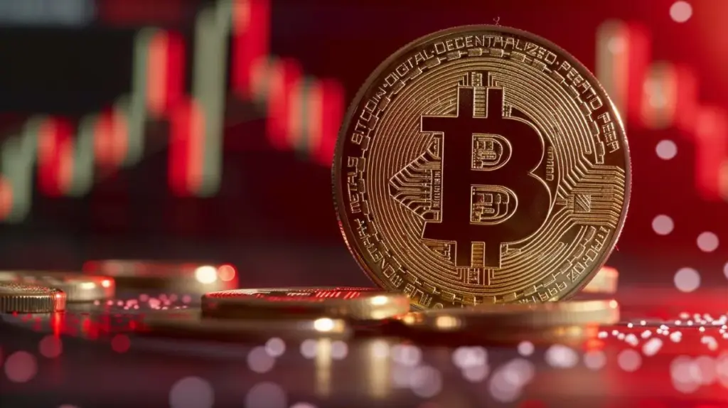 ビットコインが赤と白のチャート上で上昇している