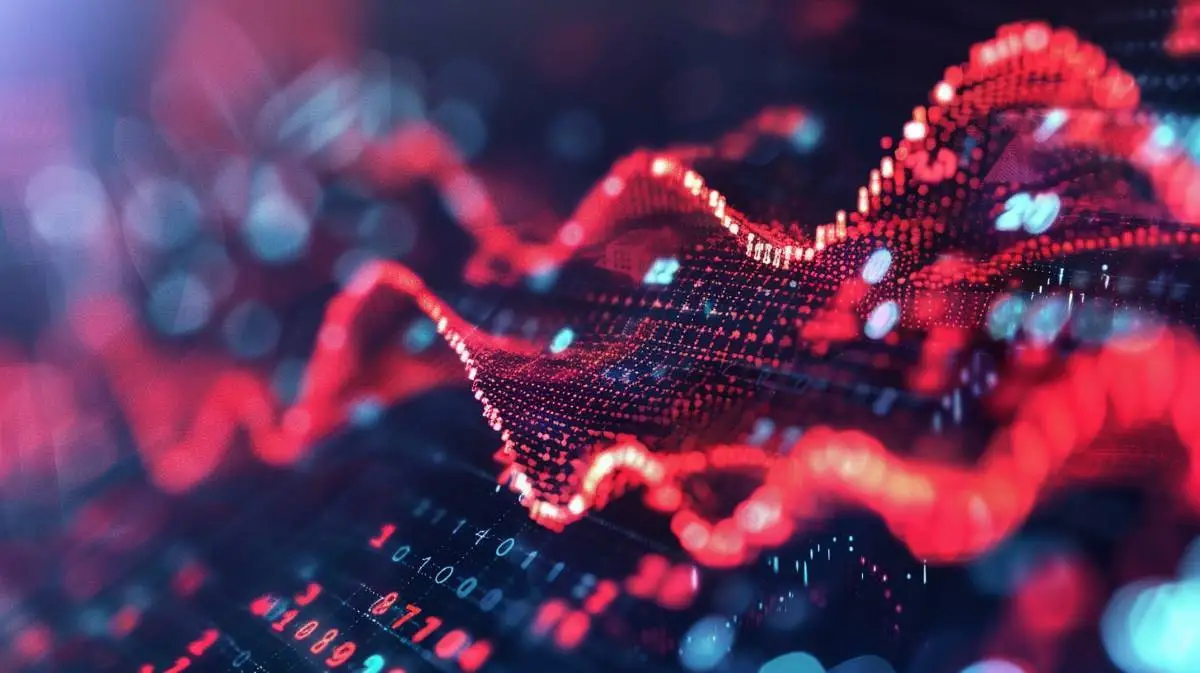 リップル（XRP）のロゴが浮かぶデジタルな波形パターンが、金融チャート上で上昇している